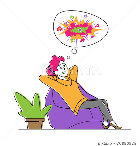 Happy Female Character Sitting on Comfortable Beanbag Armchair in Relaxed Posture Dreaming and Imagine Colorful Pictures 70890928