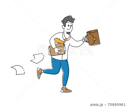 Businessman Male Character Hurry at Work Running with Briefcase and Scattered Paper Documents around. City Lifestyle 70890961