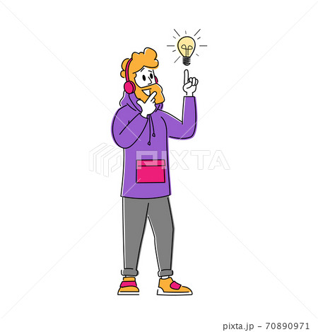 Creative Idea Concept. Businessman Wearing Hipster Clothes and Headphones Holding Index Finger Up to Glowing Light Bulb 70890971
