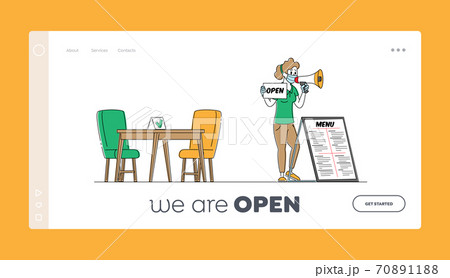 Restaurant Opening Landing Page Template. Promoter Character Wearing Protective Mask for Covid Contagious Pandemic Restaurant Opening Landing Page Template. Promoter Character Wearing Protective Mask for Covid Contagious Pandemic 70891188