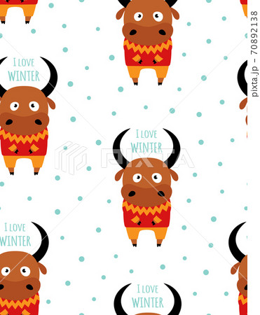 winter pattern with cute ox, vector illustration 70892138