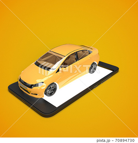 3d render. Yellow modern car standing on screen of mobile phone. Taxi service  70894730