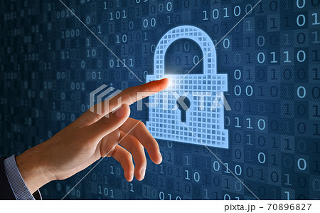 Collage of hand touching closed padlock with keyhole icon 70896827