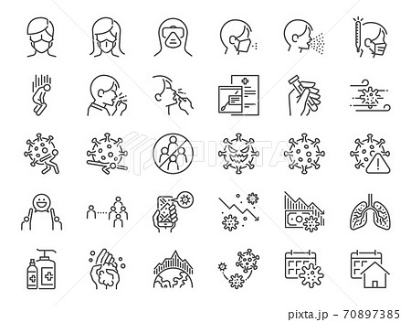 Coronavirus Protection line icon set. Included the icons as Coronavirus Symptoms, Incubation Period, Washing Hands, Outbreak Map, Face Mask, quarantine, and more. 70897385