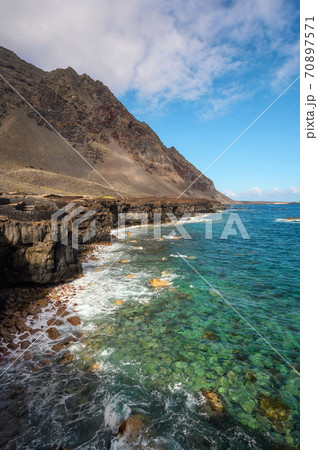 Lava coast in El Hierro island, Canary Islands, Spain. El Golfo, biosphere reserve. 70897571