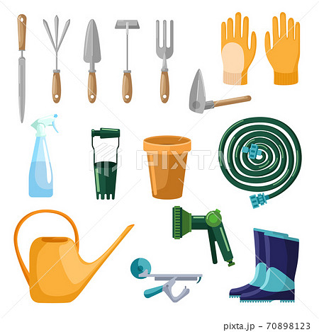 Set of professional tools care garden isolated on white background in flat style. Collection scoop, gloves, pot, hose, spray, watering can, boots. Kit farm symbols Set of professional tools care garden isolated on white background in flat style. Collection scoop, gloves, pot, hose, spray, watering can, boots. Kit farm symbols 70898123