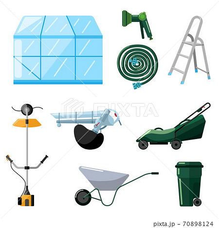 Set professional garden tools on white background in flat style. Kit greenhouse, lawn mower, trimmer, blower, watering hose, wheelbarrow, trash can, ladder. Set professional garden tools on white background in flat style. Kit greenhouse, lawn mower, trimmer, blower, watering hose, wheelbarrow, trash can, ladder. 70898124