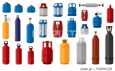 Set different gas cylinder on white background. Equipment for safe shipping gas Set different gas cylinder on white background. Equipment for safe shipping gas 70898136