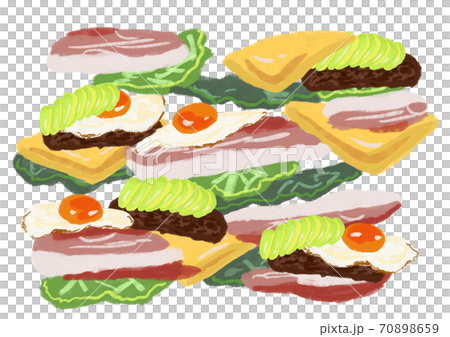 Sandwich, hamburger ingredients, background material, bacon and eggs lettuce, avocado cheese Sandwich, hamburger ingredients, background material, bacon and eggs lettuce, avocado cheese 70898659