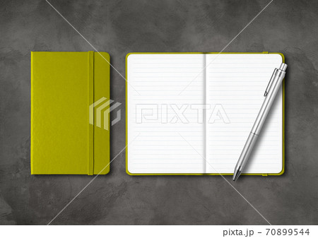 Olive green closed and open lined notebooks with a pen on dark concrete background Olive green closed and open lined notebooks with a pen on dark concrete background 70899544