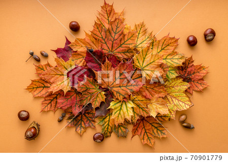 Cozy autumn style flat lay of colorful dry leaves of october on the light orange background with empty space for logo or design 70901779