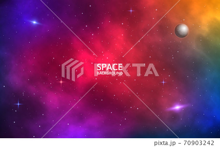 Space background. Realistic colorful galaxy. Color nebula with shining stars, stardust and planet. Abstract futuristic backdrop. Vector Illustration for brochure, banner, poster 70903242