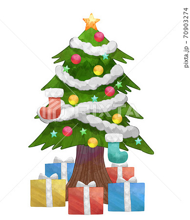 水彩風クリスマスツリーとプレゼントの箱のイラストのイラスト素材