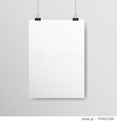 Poster A4 mockup. White vertical empty paper with clips. Realistic template hanging on a light wall. White sheet with soft shadow. Banner on a rope. Vector illustration Poster A4 mockup. White vertical empty paper with clips. Realistic template hanging on a light wall. White sheet with soft shadow. Banner on a rope. Vector illustration 70903386