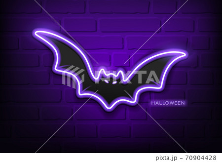 Bat neon light purple, happy halloween concept design,on block wall black background 70904428