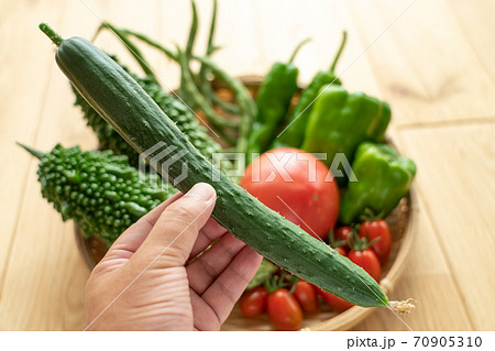 きゅうりを持つ男性 夏野菜の盛り合わせ 収穫 (7月) 家庭菜園 きゅうりを持つ男性 夏野菜の盛り合わせ 収穫 (7月) 家庭菜園 70905310