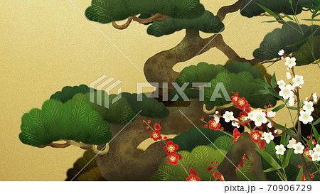 松竹梅と金箔の和風背景 - 複数のバリエーションがあります 松竹梅と金箔の和風背景 - 複数のバリエーションがあります 70906729