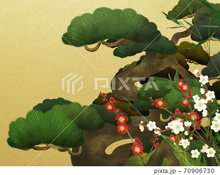 松竹梅と金箔の和風背景 - 複数のバリエーションがあります 70906730