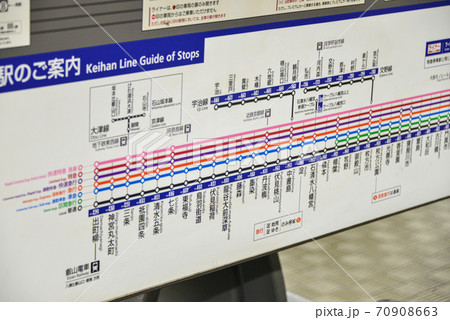 京阪電車プラットホームの案内表示 70908663