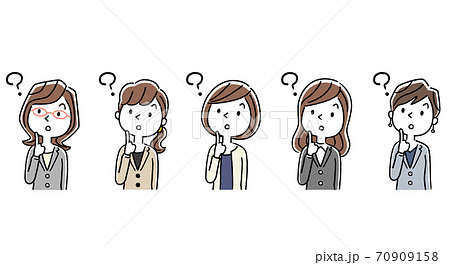 イラスト素材:スーツ姿のビジネス女性、考える、疑問を持つ、セット イラスト素材:スーツ姿のビジネス女性、考える、疑問を持つ、セット 70909158