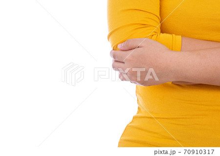 Woman hand holding her elbow isolated white background. Medical, healthcare for advertising concept. 70910317