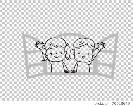 窓から身を乗り出して手を振る子供たち　線画 70910649