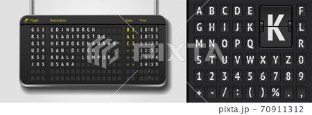 Vector airport board with realistic flip scoreboard font template. Black 3d airport timetable with departure or arrival. 70911312
