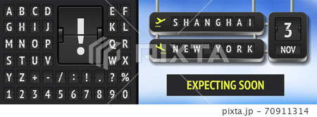 Analog airport and train terminal scoreboard font. Vector 3D airline departure flip board with destination in Shanghai and New York 70911314
