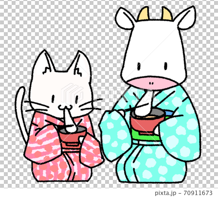 White cat and cow eating ozoni 70911673