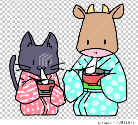 お雑煮を食べる黒猫とジャージー牛 70911679
