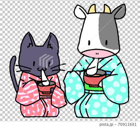 お雑煮を食べる黒猫とホルスタイン お雑煮を食べる黒猫とホルスタイン 70911681