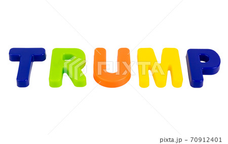 The last name of US President Donald Trump written on a white background. 70912401