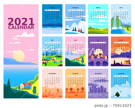 2021 Calendar minimalistic landscape natural backgrounds of four seasons. Winter wonderland, Fresh on Spring, Hot sunny day on Summer, Autumn with leaves falling. Set cartoon flat design seasons 70913025
