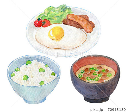 水彩イラスト　食品　朝ご飯　ソーセージ定食 70913180