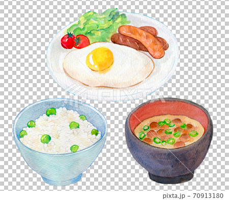 水彩イラスト　食品　朝ご飯　ソーセージ定食 70913180
