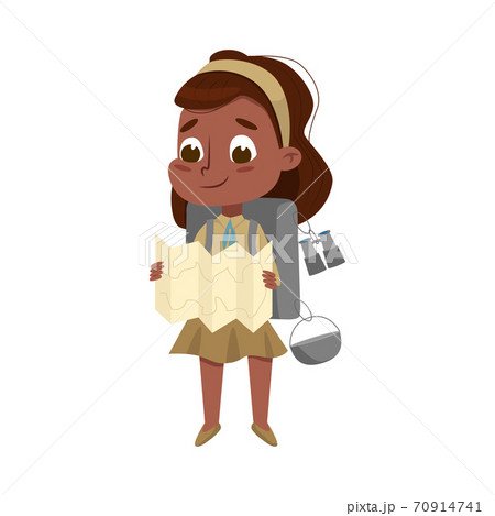 Scout Girl with Backpack and Map, Cute Scouting African American Child Character in Uniform, Summer Holiday Activities Concept Cartoon Style Vector Illustration 70914741