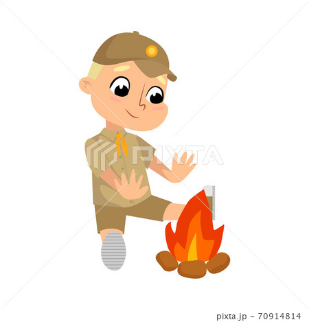 Scout Boy Sitting near Bonfire, Cute Scouting Elementary School Child Character in Uniform, Summer Holiday Activities Concept Cartoon Style Vector Illustration 70914814