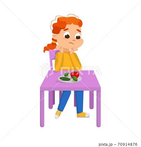 Cute Boy Sitting at Table and Eating Vegetables, Child Refusing to Eat Healthy Food Cartoon Style Vector Illustration 70914876