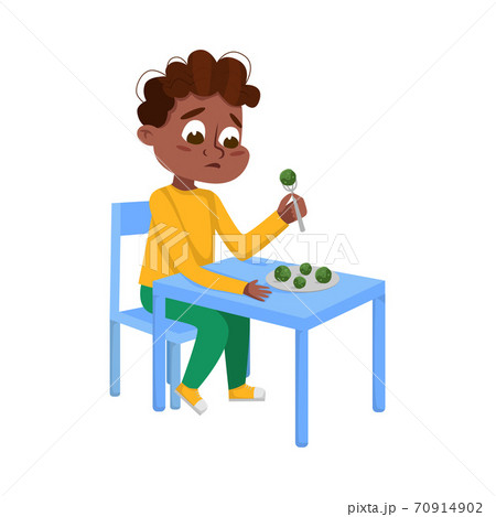 Cute African American Boy Eating Brussels Sprouts, Child Does Not Like Vegetables Cartoon Style Vector Illustration 70914902