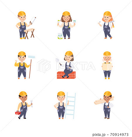 Cute Little Builders Set, Boys and Girls in Hard Hats and Blue Overalls with Construction Tools Cartoon Style Vector Illustration 70914973