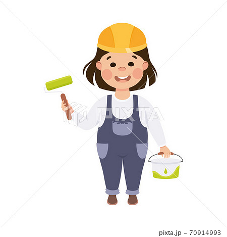Cute Builder with Roller Brush and Pail of Paint, Little Girl Painter Character in Hard Hat and Blue Overalls with Construction Tools Cartoon Style Vector Illustration 70914993