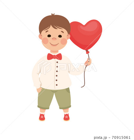 Cute Boy with Red Balloon in Shape of Heart, Adorable Child Character with Romance Feelings Symbols, Happy Valentines Day Concept Cartoon Vector Illustration 70915061