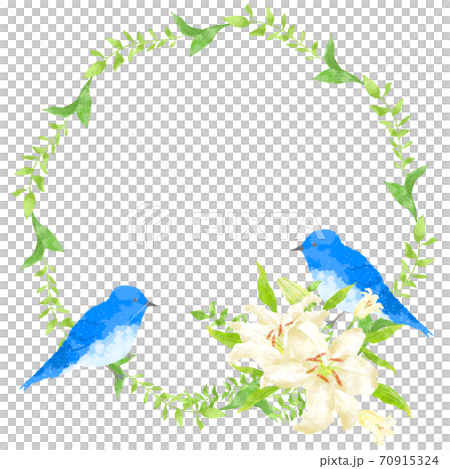 優しいタッチの幸せを運ぶ青い鳥とカサブランカのフレーム 70915324