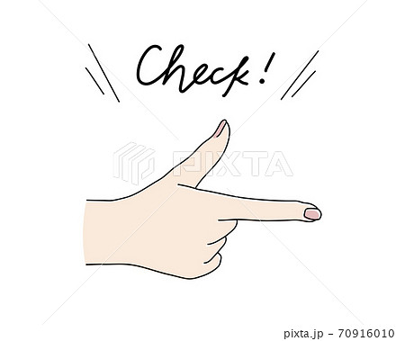 指を指す女性の手の手描きイラスト／注目／ポイント／ジェスチャー／ポーズ／チェック／案内 70916010