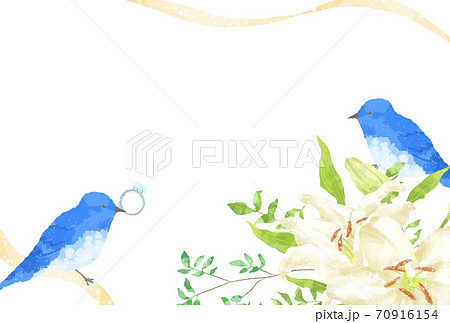 優しいタッチの幸せを運ぶ青い鳥のカップルとカサブランカのイラストのイラスト素材