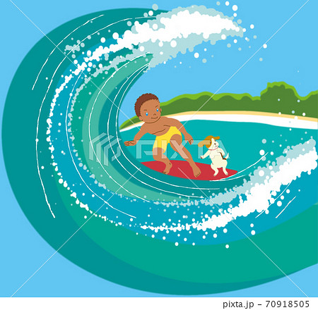 1人の男の子と1匹の犬が一緒にサーフィンをしているのイラスト素材