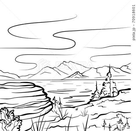 Nature sketch of a lake, mountains, stone and firs. Tranquil peaceful wild landscape. Vector ink scribble element Nature sketch of a lake, mountains, stone and firs. Tranquil peaceful wild landscape. Vector ink scribble element 70918601