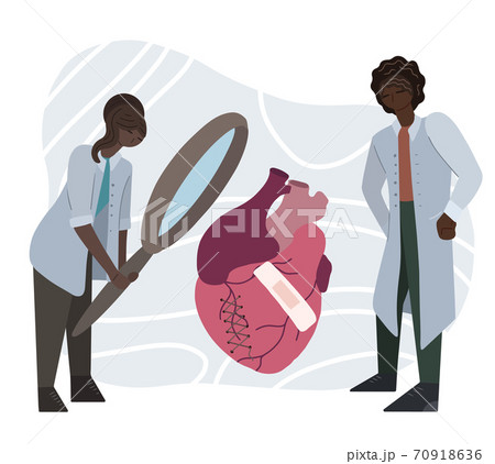 Flat illustration of a couple of African doctors examining a diseased heart through a magnifying glass. Scientists are studying heart disease. Drug invention. 70918636