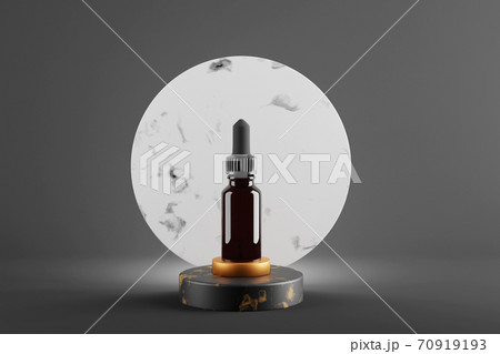 Glass brown bottle with essential oils and dropper. Dark studio with marble and golden podium. 3d 70919193