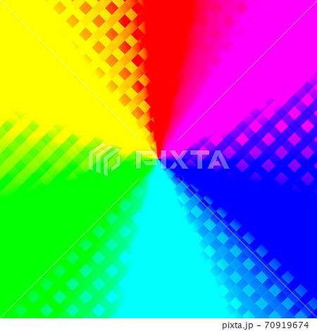 カラフルなグラデーション色のチェック柄の背景 メタリックな虹色のドット柄 赤 青 黄色 ピンク 緑 のイラスト素材